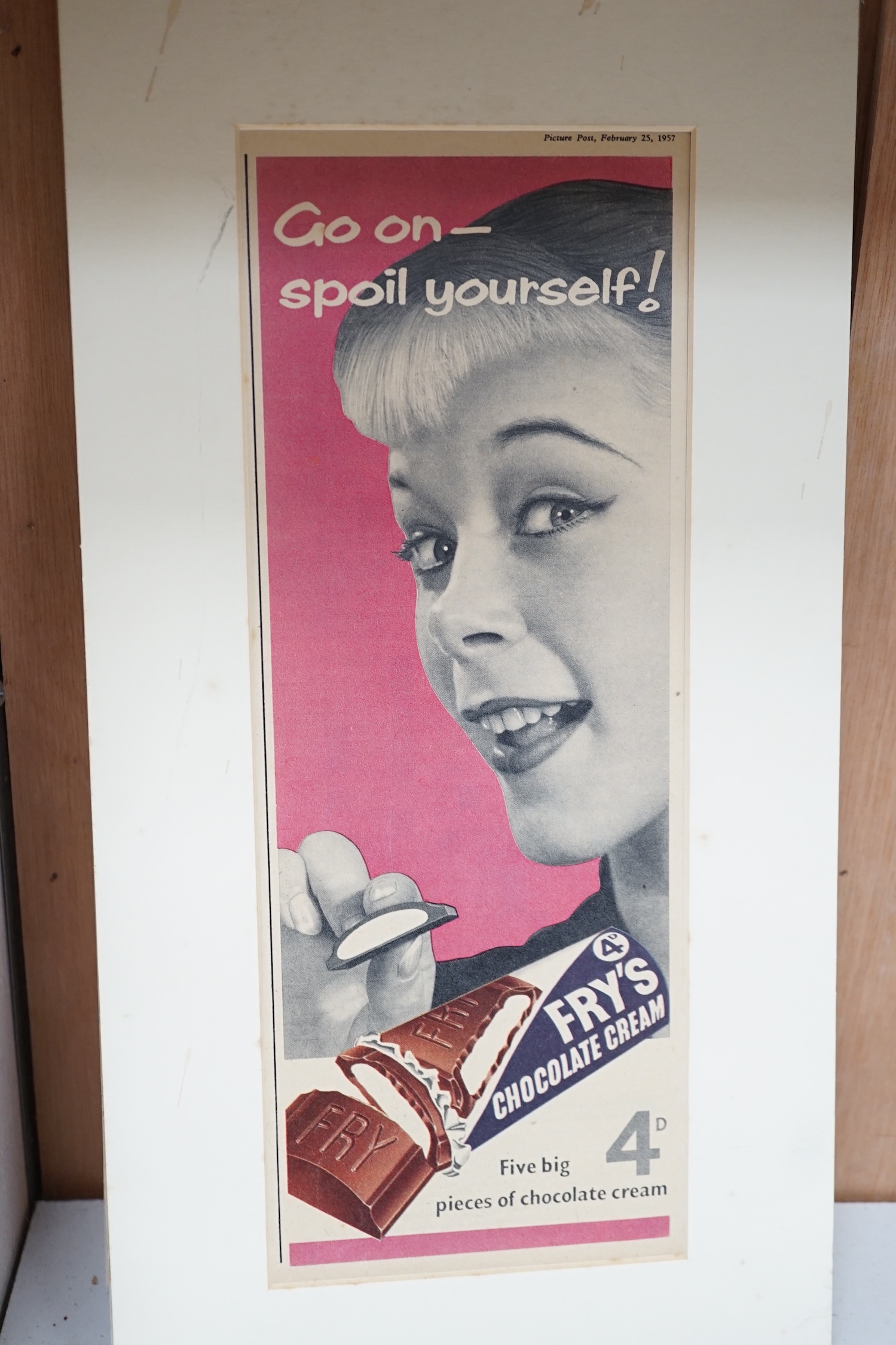 Fry’s Chocolate Cream & Crunchie advertisements, Picture Post, 25th February 1957 and a Huntley & Palmers 1953 Coronation period advert – with classic Cadbury’s Dairy Milk on reverse of same (with Coronation backdrop). C